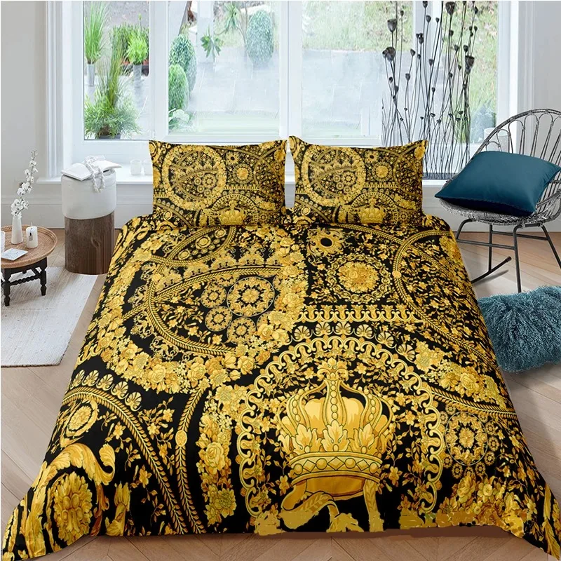 Bed Sheet Microfiber - Baroque Modern Art 3D Golden Lion